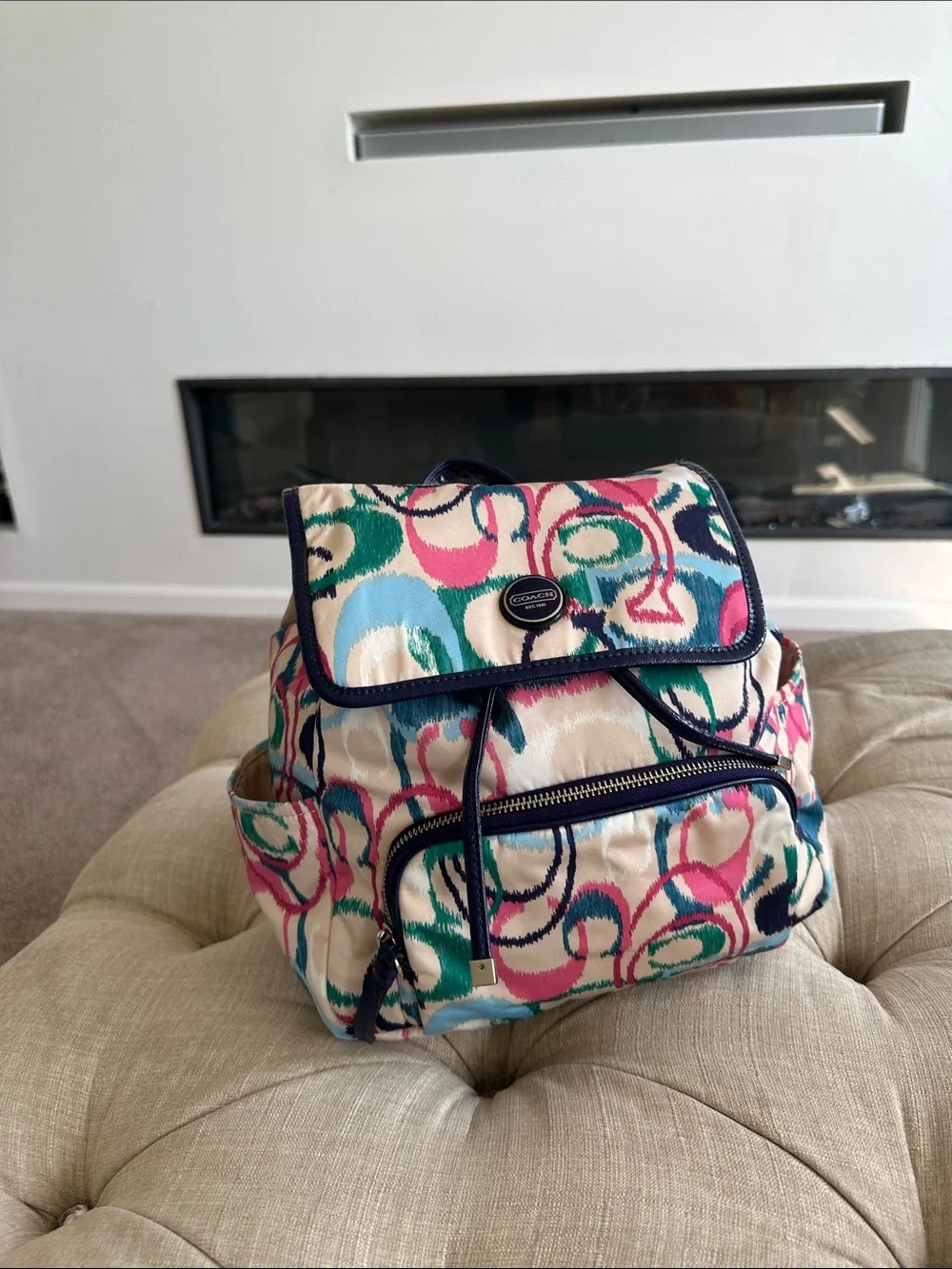 Coach Cream Backpack with Pink, Teal, Navy Signature Print